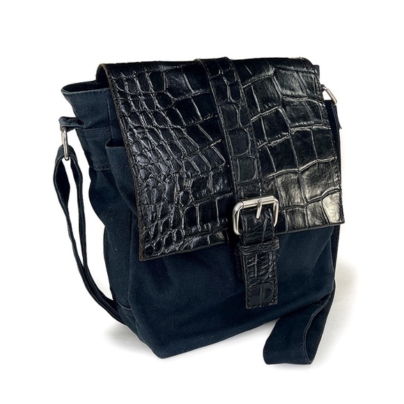 Zara Black Faux Croc & Canvas Medium Cross Body Bag